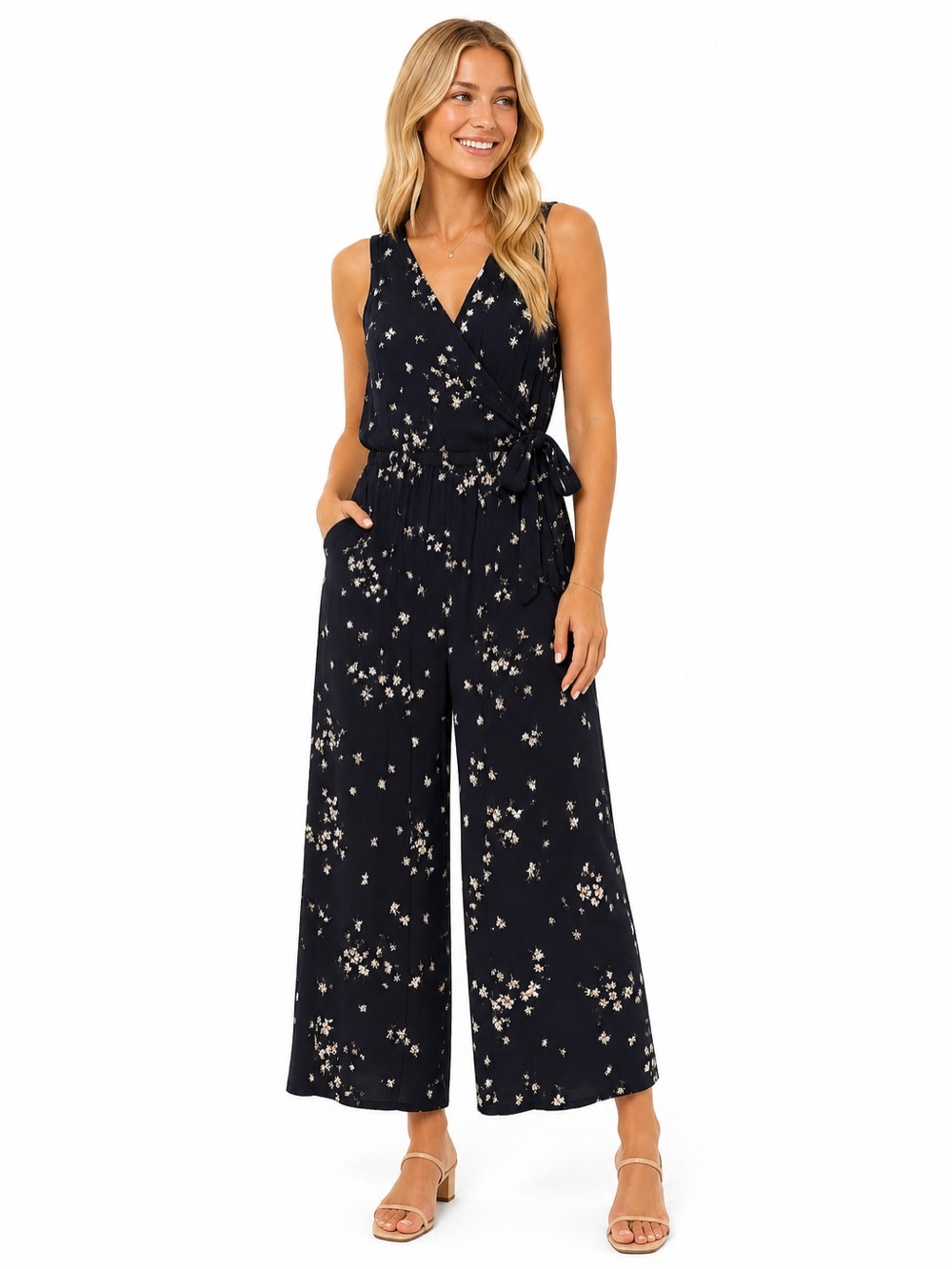 Kaileigh Navy Floral Faux Wrap Wide Leg Jumpsuit Size Small